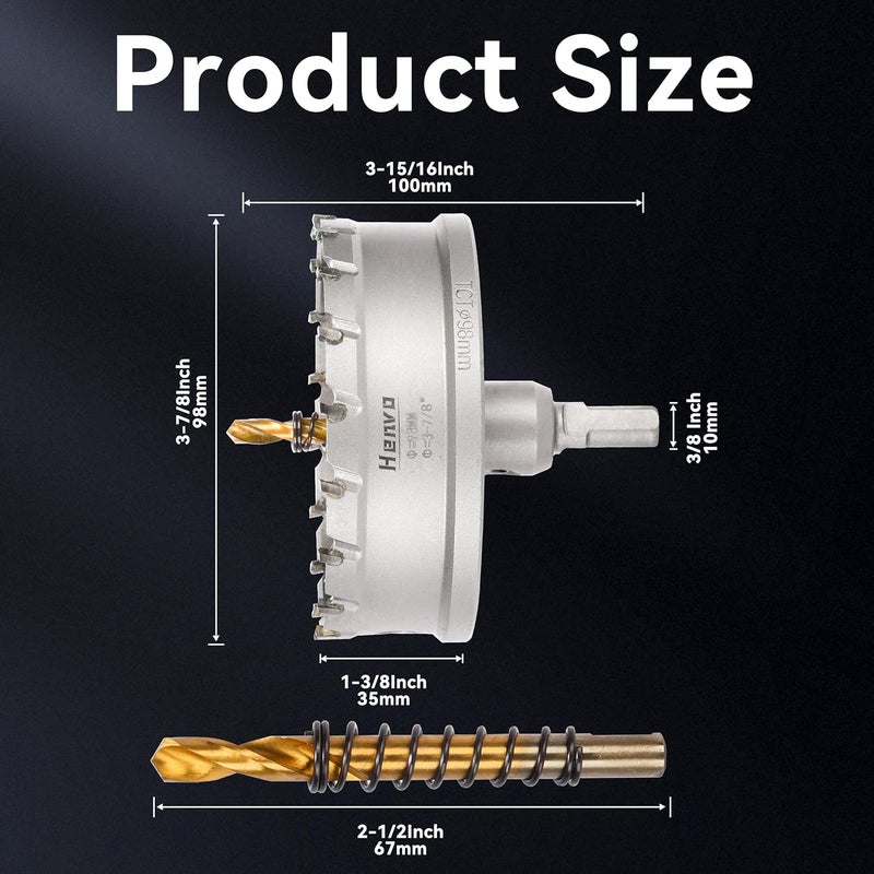 Henvo Hole Saw 3-7/8" (98mm) Heavy Duty Carbide with 2 Pilot Drill Bits - Metal Hole Cutter Cuts Stainless Steel, Iron, Copper, Brass, Plastic - Image 2